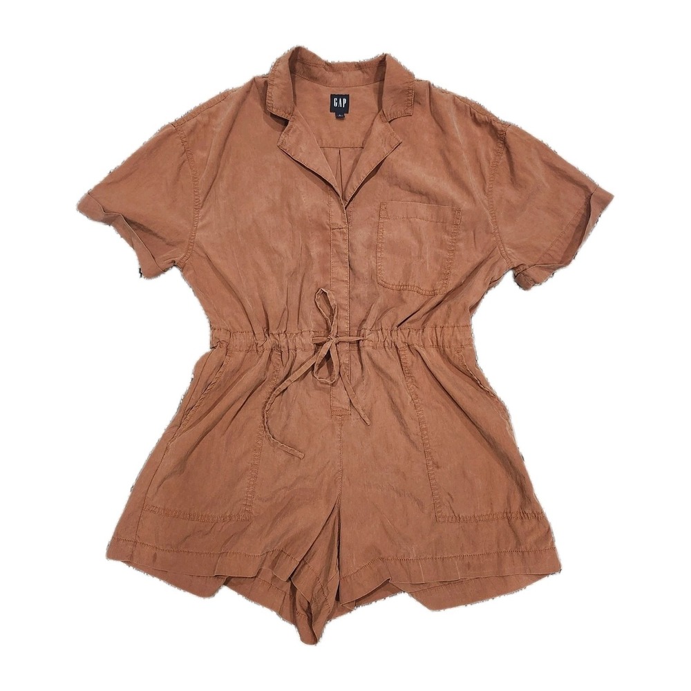 GAP Womens Romper Jumpsuit Size L Rust Utility Short Sleeve Drawstring Pockets